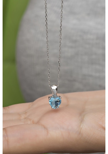 Nereze 925 Ayar Gümüş Rodyumlu Aquamarin Taşlı Kalp Kolye