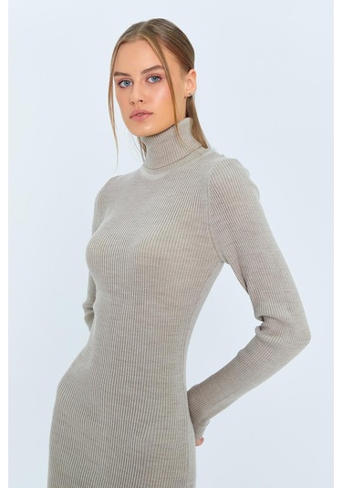 6889 Kadın Balıkçı Yırtmaçlı Uzun Triko Elbise Taş Taş