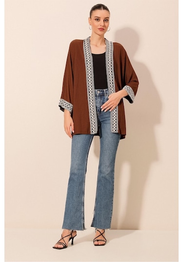 Bigdart 5866 Nakışlı Örme Kimono - Kahverengi 001