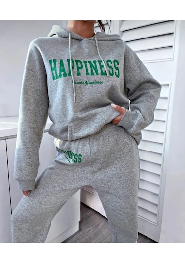 Gri Happiness Baskılı Kapüşonlu Kombin Alt Üst Eşofman Takımı Gri
