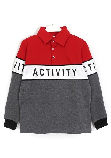 Blok Renk Baskılı Polo Yaka Erkek Çocuk Sweatshirt Kırmızı 1982 Çok Renkli