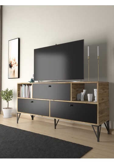 Wood'n Love Mia 160 Cm Metal Ayaklı Tv Ünitesi - Konsol - Atlantik Çam - Siyah / Siyah