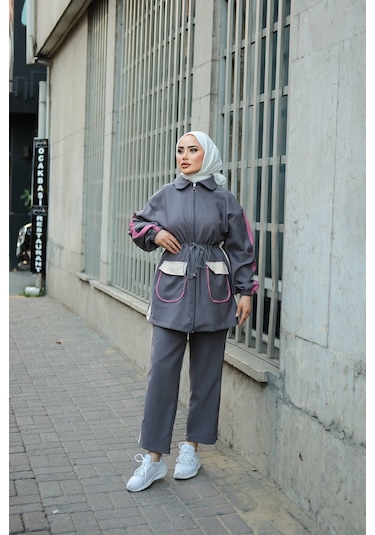 Tesettür Eşofman Takımı Fermuarlı Ikili Takımı Antrasit 450 Antrasit