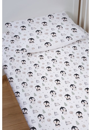 Organik Bebek Boy Lastikli Çarşaf Seti 80x140 - Kutup Dostları Penguenler
