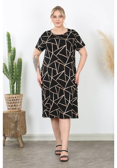 Kadın Siyah Bej Geometrik Desen Midi Elbise Siyah Bej Bej - Siyah