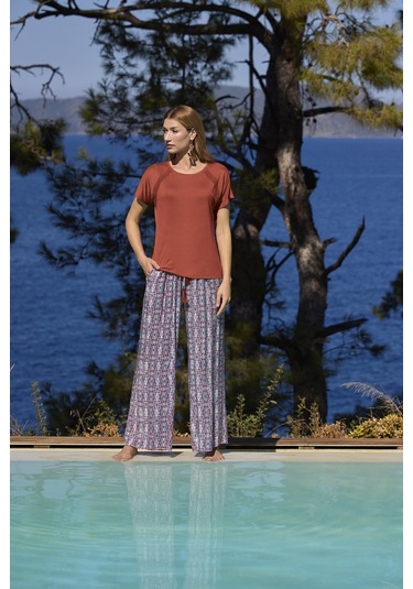 Monamise Kadın Etnik Desenli Kısa Kollu Alt Üst Takım 25024 Kiremit