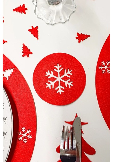 Yılbaşı Temalı Supla Seti 4 Kişilik Kırmızı Keçe, 3mm, Bardak Altlığı Ve Peçetelikli Kırmızı