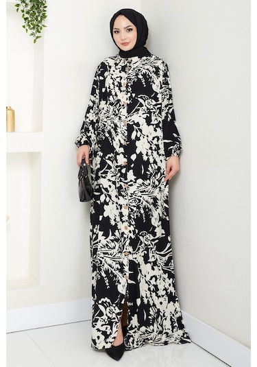Dilşen Düğmeli Dokuma Viskon Elbise 1562 - Siyah Siyah