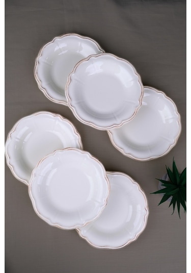 Tabak Evi Porselen Antik Stoneware Çukur Tabak 22cm 6 Kişilik 6 Parça Krem