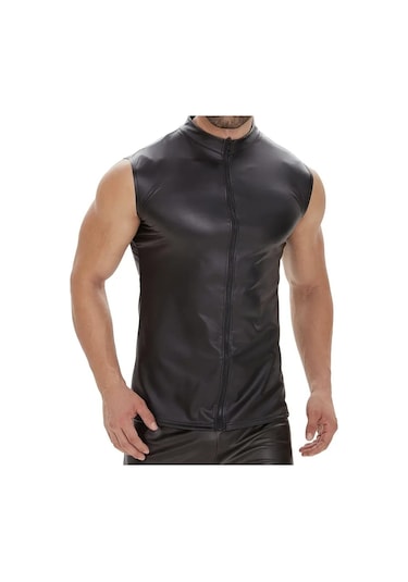 Deri Dik Yaka Sıfır Kollu Yelek Siyah
