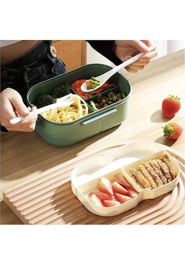 Taşınabilir Yemek Kabı Lunch Box 2 Katlı Diyet Beslenme Kutusu Saklama Kabı Çatal Kaşıklı Sefer Tası Açık Haki