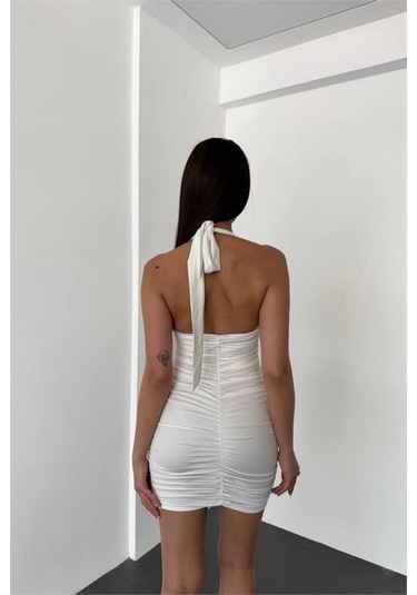 Kadın Boyundan Bağlama Detaylı Mini Elbise Dpnbdf033 BEYAZ