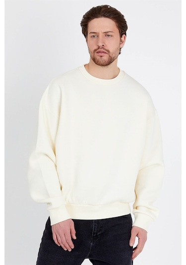 JAHR MARC Basic Oversize Krem Rengi Erkek Sweatshirt Krem