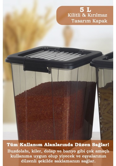 4'lü Organizer Box 5 L Un Bakliyat Erzak Kabı - Kilit Kapaklı Düzenleyici Deterjanlık Saklama Kutusu Siyah