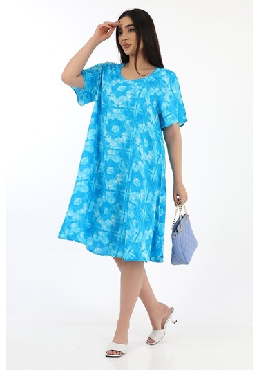 Schık Kadın Viskon Yarım Kol Kare Yaka Elbise Turkuaz Turkuaz