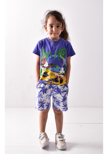 Banadamoda Kız Çocuk Baskılı T-shirt-şort Takımı Mavi