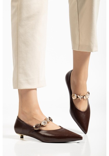 Kadın Kısa Topuklu Aykkabı Kahverengi Rugan Baretli Minik Ökçe-4323 Kahve