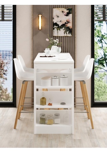 Shelfy Bar Raflı Yemek Masası Beyaz Beyaz
