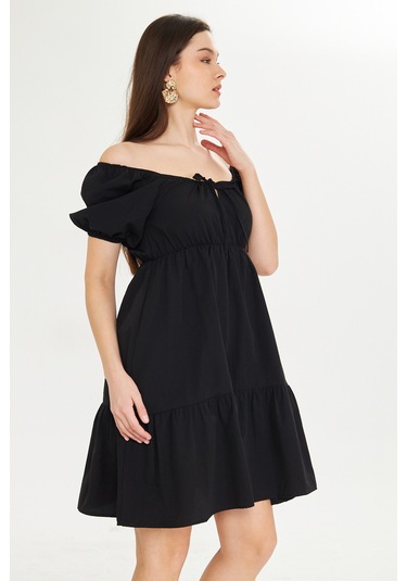 Beli Lastikli Buzgulu Poplin Elbise Siyah