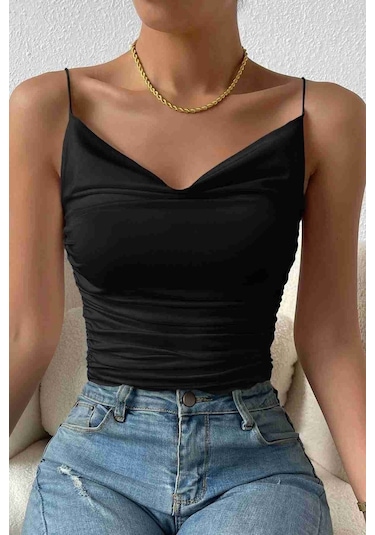 Merry See Kadın Kolsuz Askılı Degaje Yaka Bluz Crop Siyah 001