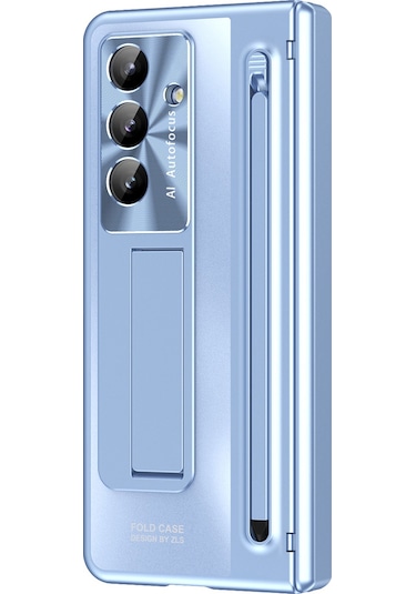 Samsung Galaxy Uyumlu Z Fold7 5g Kılıf, Temperli Cam Filmli, Kalemli, Ayaklı Menteşeli Pc Telefon Kılıfı - Mavi Mavi