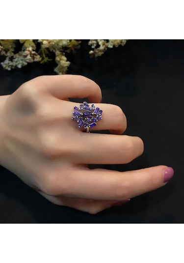 Stela Ametist Baget Gümüş Yüzük