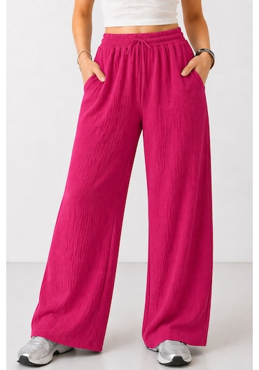 Trend Alisse Beli Lastikli Cepli Bol Paça Kadın Pantolon Fuşya