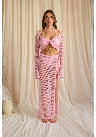 Mai Collection Rubina Pembe Triko Crop Etek Takım
