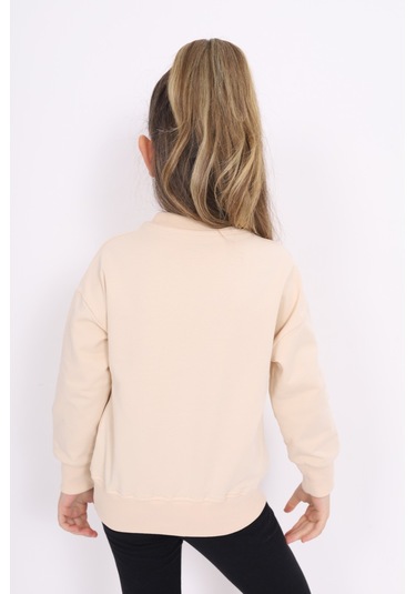 Kız Çocuk Relax Fit Bisiklet Yaka Hafif Düşük Omuz Nakış Baskılı Sweatshirt - 2 İplik Bej