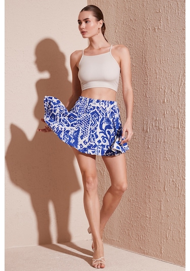 Lela Desenli Slim Fit Mini Bayan Şort Etek 5869020 Saks
