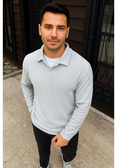 Erkek Fitilli Polar Sweatshirt Düğmesiz Polo Yaka, Oversize Rahat Kalıp, Kalın Polar Kumaş, Kışlık Gri