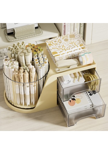 Springsun Beyaz Plastik Masa Düzenleyici - 360 Derece Döner Kalem Kutusu, 2 Çekmeceli Ve Fakatlı, Ofis/öğrenci Stokaj Gereci, Çok Amaçlı Masa Tahtası Organizatörü Beyaz