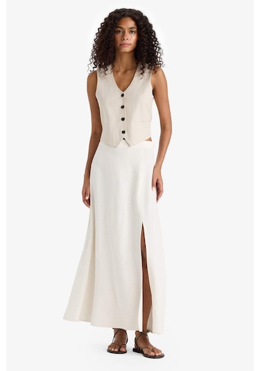 Defacto A Kesim Normal Bel Yırtmaçlı Keten Karışımlı Maxi Etek E6024ax25smbg217 Bej