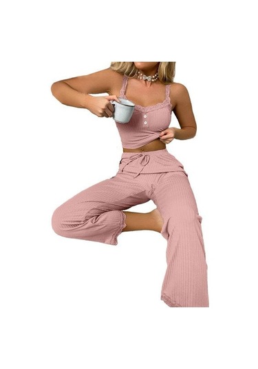 2 Adet/takım Pantolon Üst Takım Elbise Düşük Kesim V Yaka Kolsuz Düz Renk Büzgülü İpli Yüksek Elastik Bel Dantel Kadın Pijama Takımı Pembe