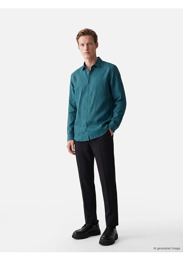 Lc Waikiki Petrol Regular Fit %100 Keten Erkek Gömlek