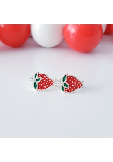 MAGRİB kırmızı çilekli gümüş çocuk küpesi