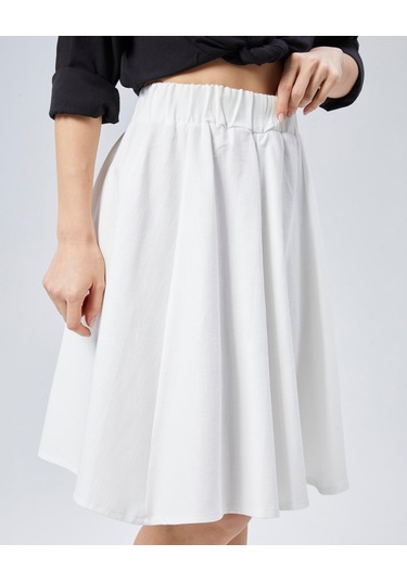 Nurören Flamlı Keten Midi Boy Kloş Etek-beyaz-01 Beyaz
