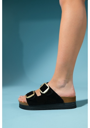 Luvishoes Harbor Siyah Süet Çift Bantlı Hakiki Deri Kadın Kalın Tabanlı Terlik Siyah