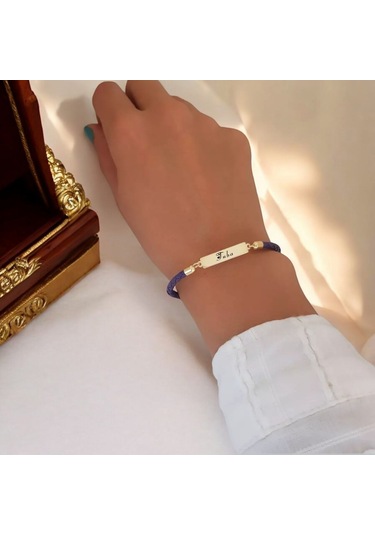 Archin Tuba İsmine Özel 14 Ayar Altın Plakalı Dikdörtgen Motifli Mor Derili Hediye Bileklik-412isim Tuba