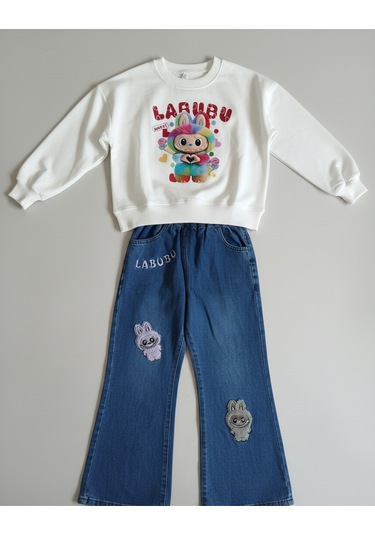 Labubu Kız Çocuk Renkli Baskılı Sweat Ve Kot Pantolon Takım Beyaz