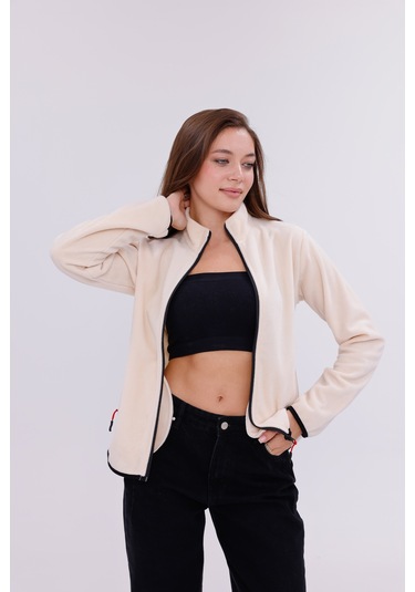 Monox Kadın Slim Fit Tam Fermuarlı Polar Ceket Bej
