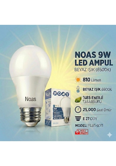 Noas 9w Led Ampul 10lu Paket Beyaz Işık E27 Duy 810lm Yl95-9011