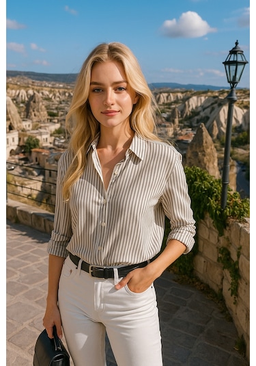 Kadın Çizgili Oversize Gömlek Haki Beyaz Pamuk Gömlek Haki