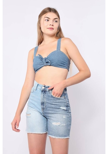 Banny Jeans Kadın Mavi Yırtık Detaylı Jean Şort Mavi