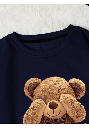 Coke Serisi Bear And Slogan Graphic Thermal Lined Sweatshirt-trzksw4787 Lacivert