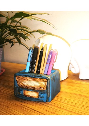 Artepieza Retro Radyo Sukulent Saksısı Ve Kalemlik - Masaüstü Dekoratif Organizer Petrol Mavisi 12 8 12cm