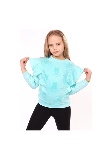 Kız Çocuk Regular Fit Bisiklet Yaka Fırfırlı Baskılı Sweatshirt - 2 İplik Su Yeşili