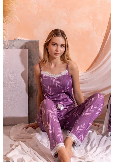 Sabahlıklı Dantel Detaylı Pegasus Kadın Pijama Takımı-çeyizlik Takım- Geniş Beden Aralığı Lila