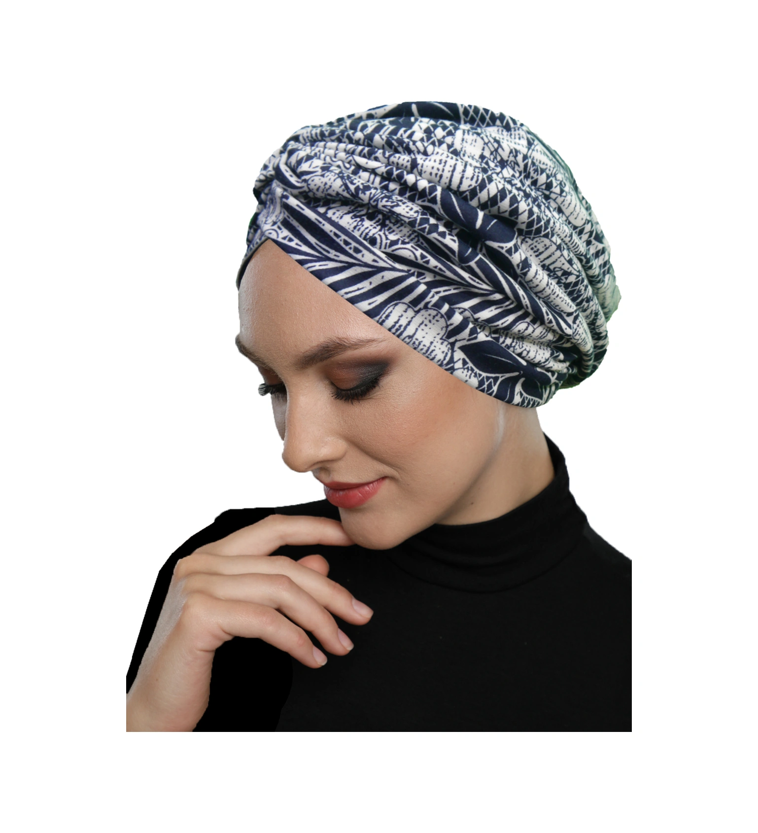 Ayışığı Çiçekleri Desenli Çapraz Ve Bant Detaylı Astarlı Hazır Türban Tesettür Havuz Bonesi Lacivert-beyaz