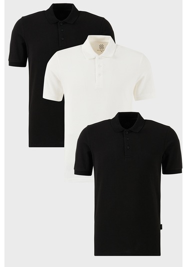 Buratti Pamuklu Regular Fit Düğmeli Polo Yaka 3'Lü Paket Erkek T Shirt 5902127S3 Siyah-Beyaz-Siyah